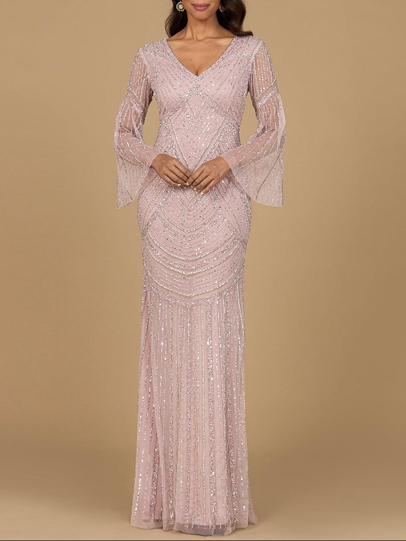 Long Sleeve Beaded Gown with Trumpet Sleeves by Lara New York