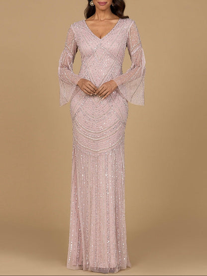 Long Sleeve Beaded Gown with Trumpet Sleeves by Lara New York