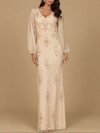 Long Sleeve Beaded Gown with Bishop Sleeves by Lara New York