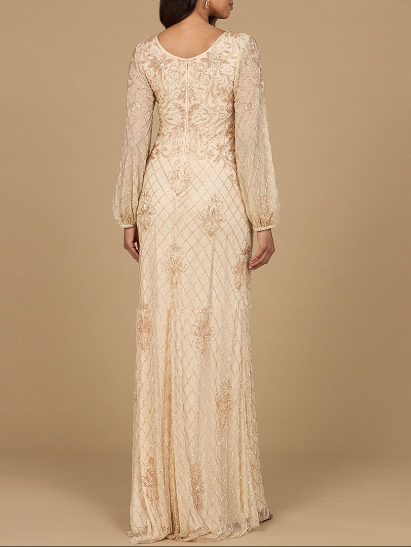 Long Sleeve Beaded Gown with Bishop Sleeves by Lara New York