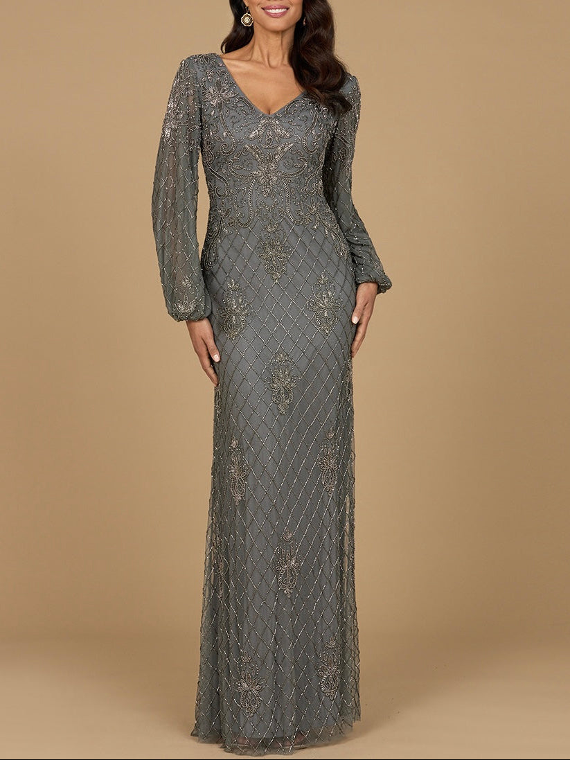 Long Sleeve Beaded Gown with Bishop Sleeves by Lara New York
