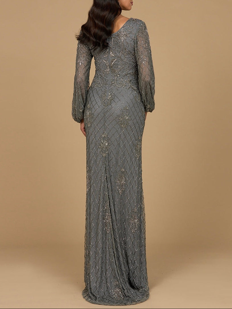 Long Sleeve Beaded Gown with Bishop Sleeves by Lara New York