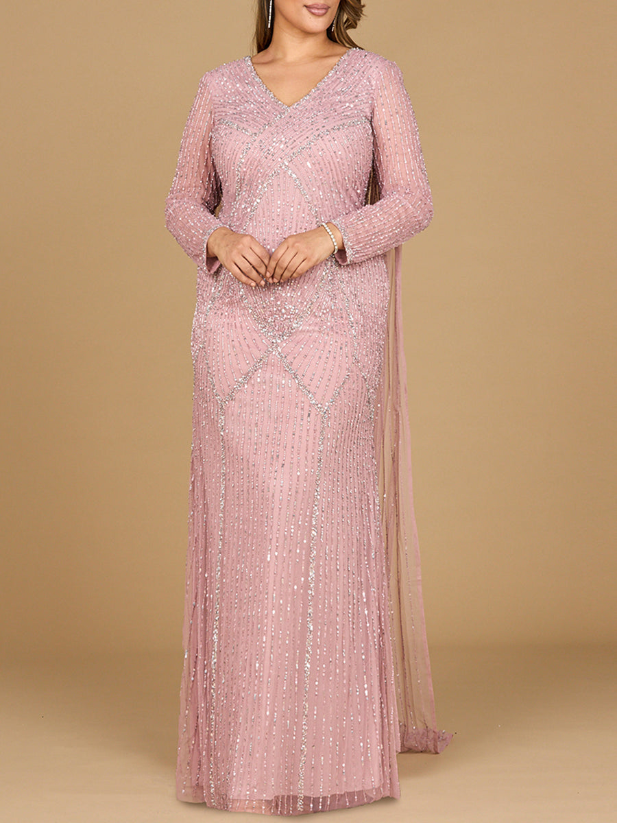 Long Sleeve Beaded Gown with Cape by Lara New York