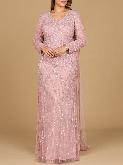 Long Sleeve Beaded Gown with Cape by Lara New York