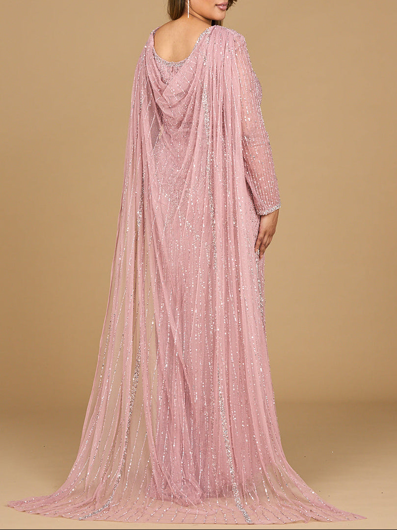 Long Sleeve Beaded Gown with Cape by Lara New York