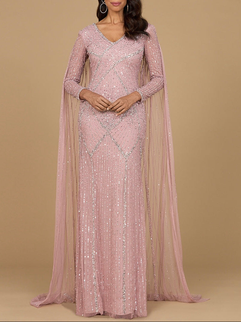 Long Sleeve Beaded Gown with Cape by Lara New York