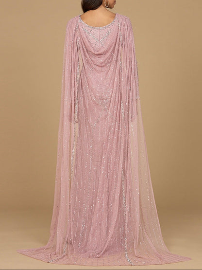 Long Sleeve Beaded Gown with Cape by Lara New York