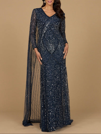 Long Sleeve Beaded Gown with Cape by Lara New York