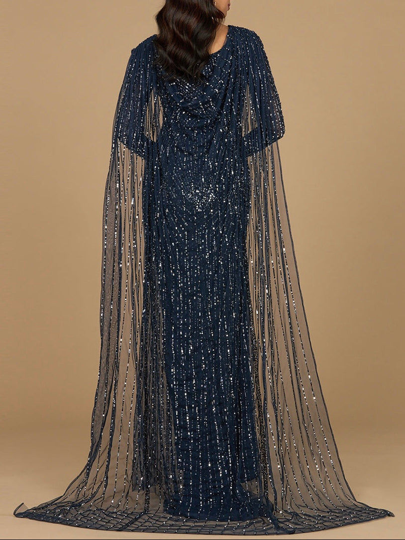 Long Sleeve Beaded Gown with Cape by Lara New York