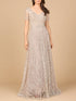 Short Sleeve V-Neck Beaded Ballgown by Lara New York