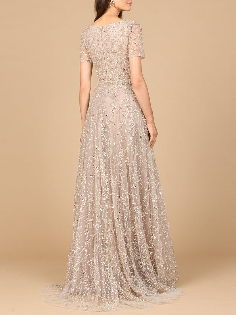 Short Sleeve V-Neck Beaded Ballgown by Lara New York