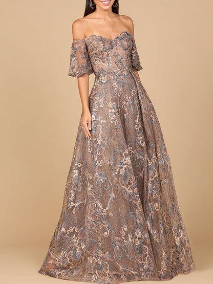 Off Shoulder Lace Ballgown by Lara New York
