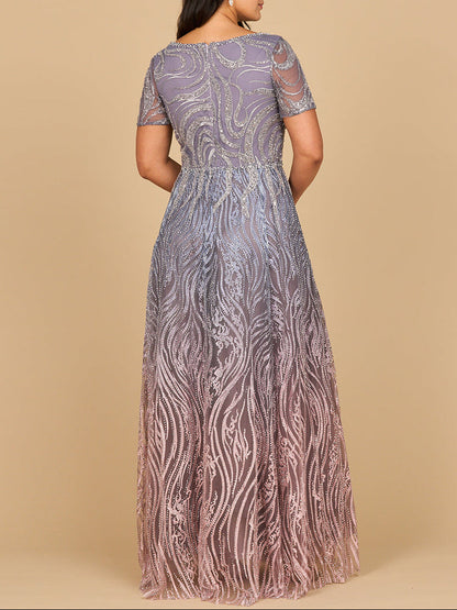 Lara 28961 - Short Sleeve V-Neck Beaded Ballgown by Lara New York