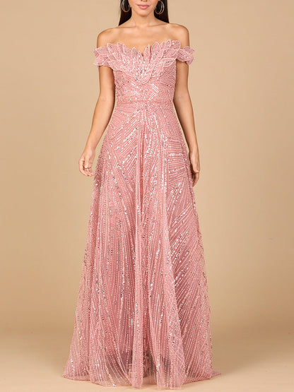 Off Shoulder Beaded Ballgown by Lara New York