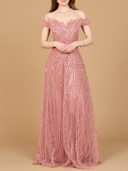 Off Shoulder Beaded Ballgown by Lara New York