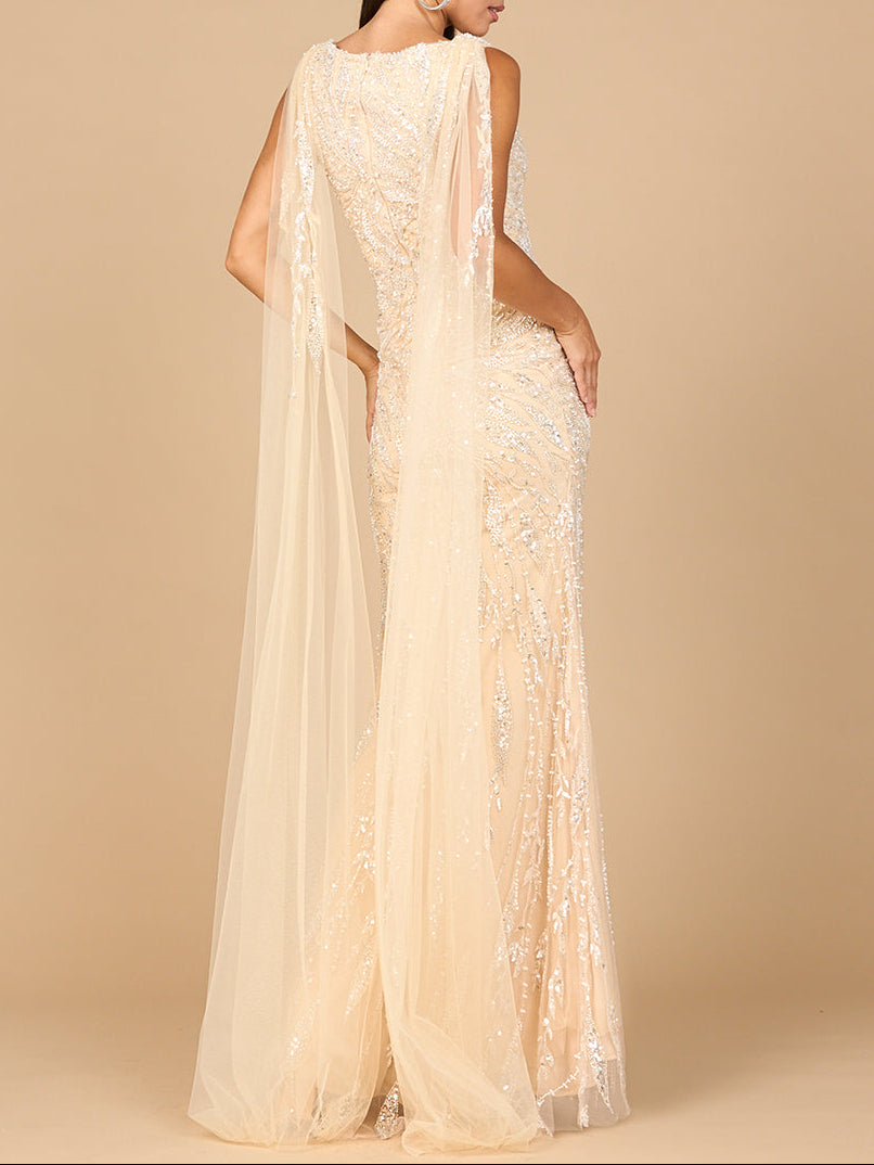 V-Neck Gown with Long Cape Sleeves by Lara New York