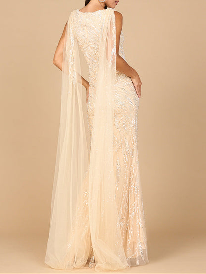 V-Neck Gown with Long Cape Sleeves by Lara New York
