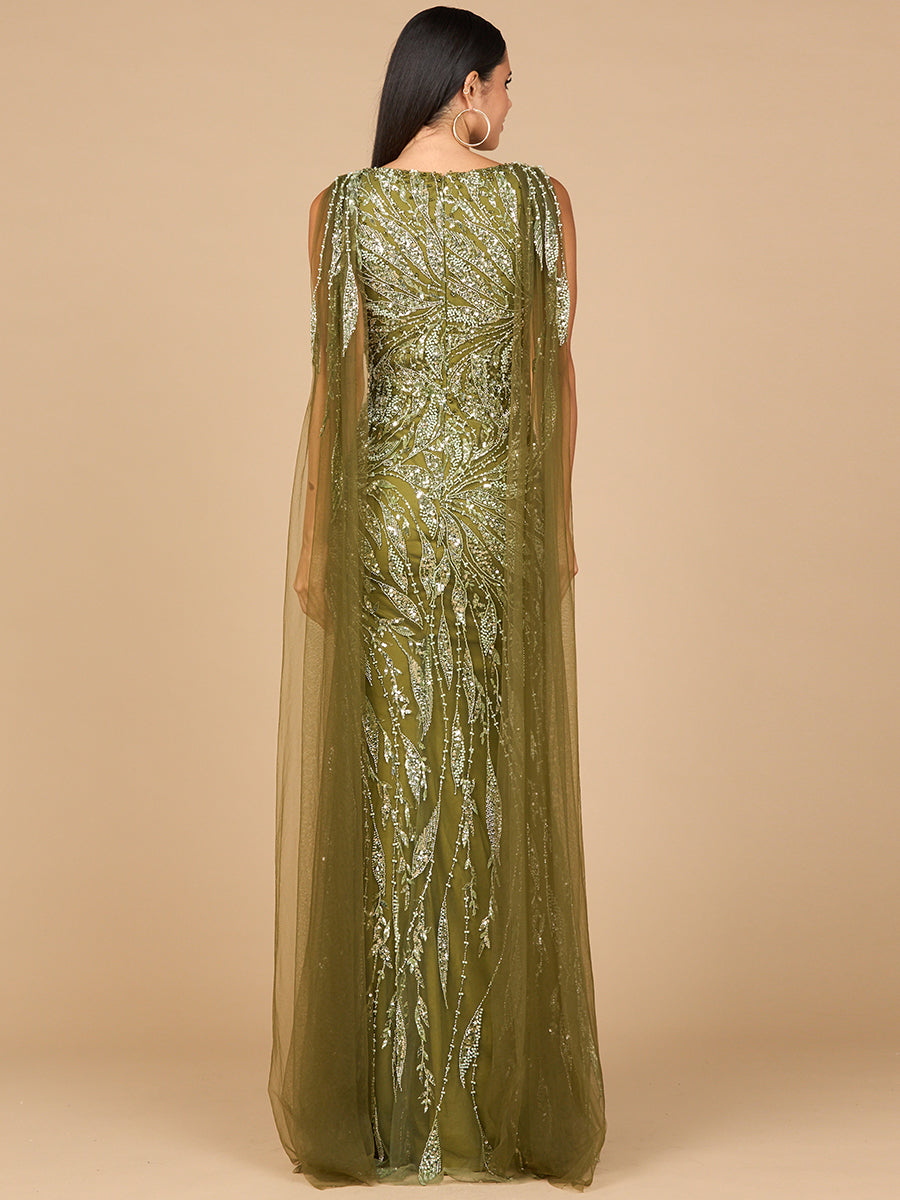 V-Neck Gown with Long Cape Sleeves by Lara New York
