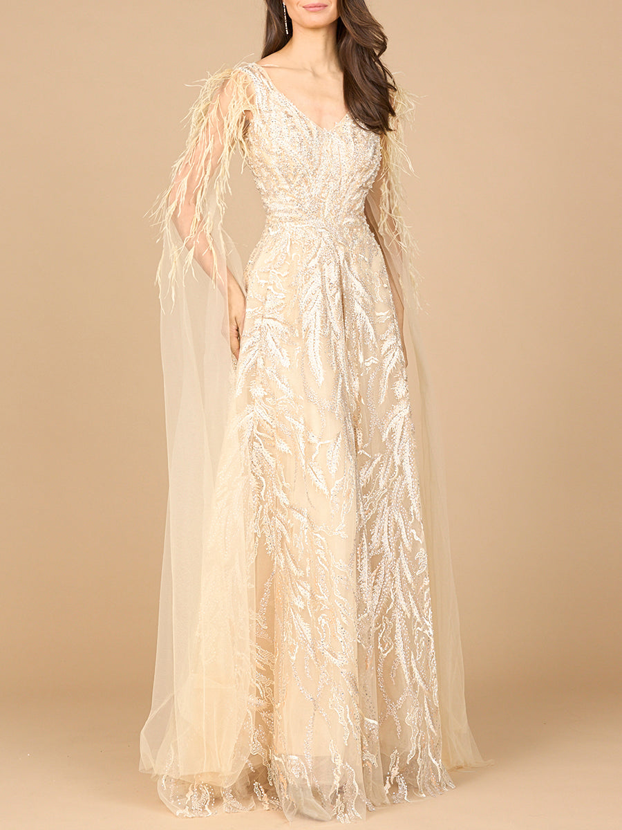V-Neck Lace Gown with Cape Sleeves by Lara New York