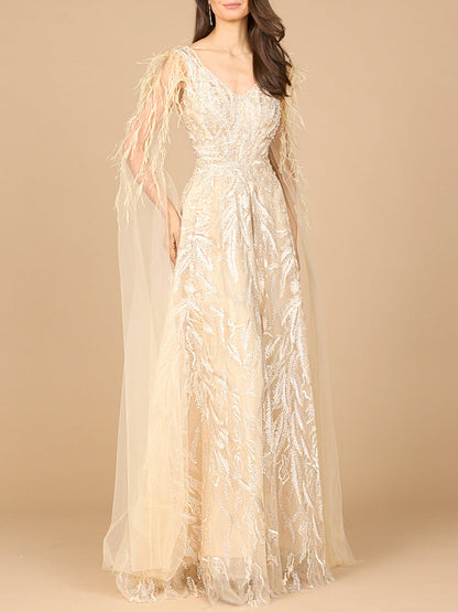 V-Neck Lace Gown with Cape Sleeves by Lara New York