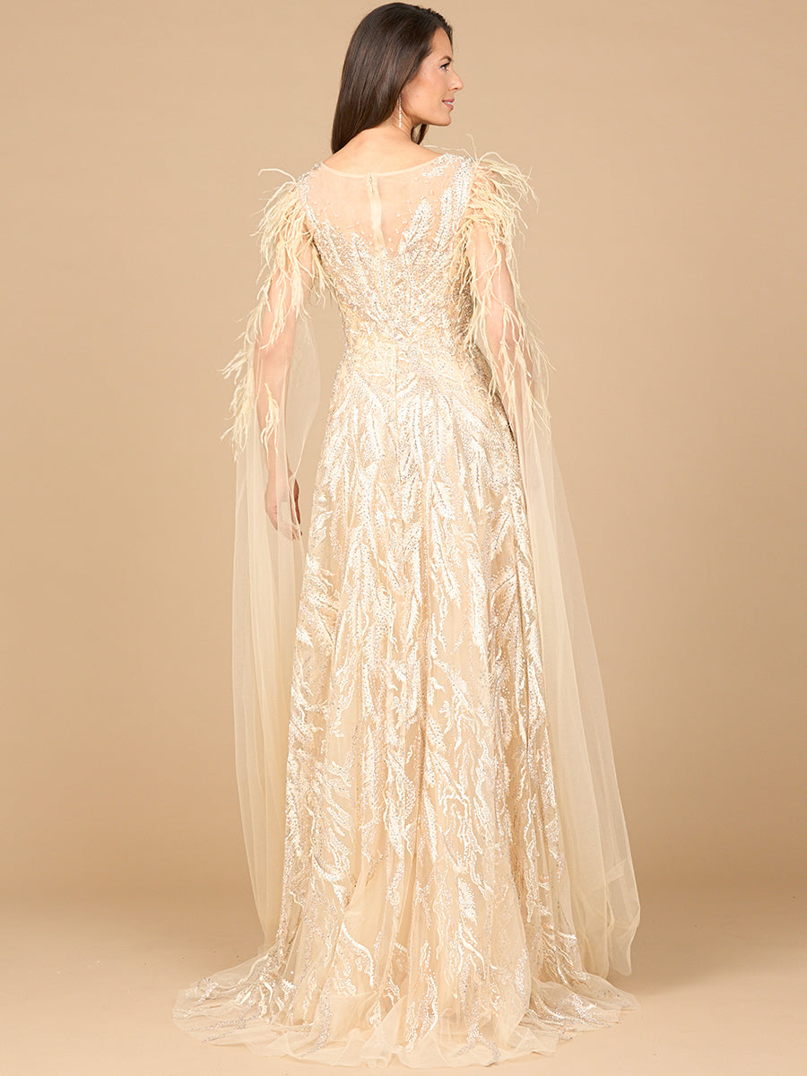 V-Neck Lace Gown with Cape Sleeves by Lara New York