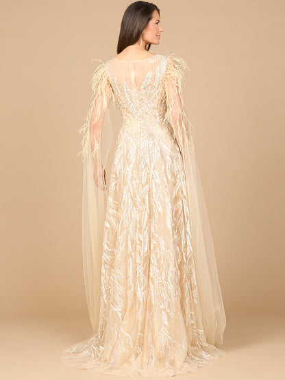 V-Neck Lace Gown with Cape Sleeves by Lara New York