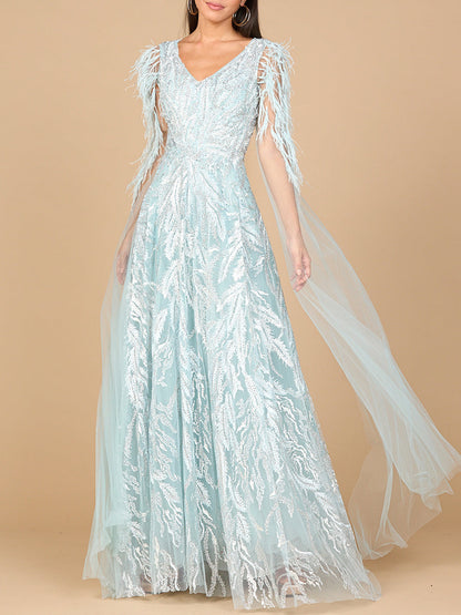 V-Neck Lace Gown with Cape Sleeves by Lara New York