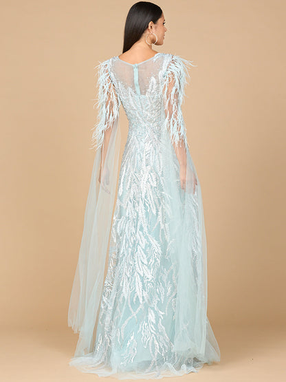 V-Neck Lace Gown with Cape Sleeves by Lara New York