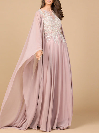 Chiffon A-line Long Gown with Cape Sleeves by Lara New York