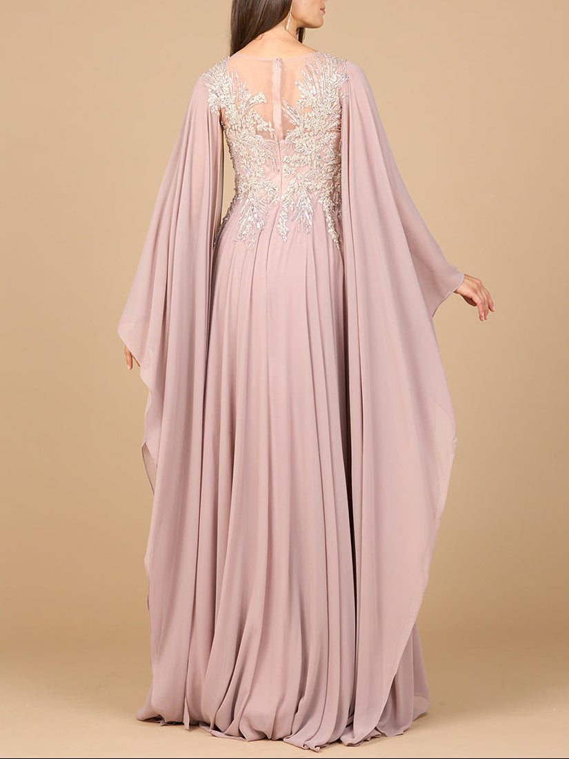Chiffon A-line Long Gown with Cape Sleeves by Lara New York