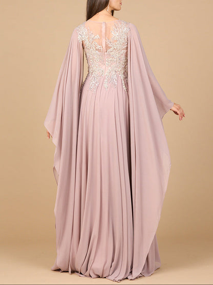 Chiffon A-line Long Gown with Cape Sleeves by Lara New York