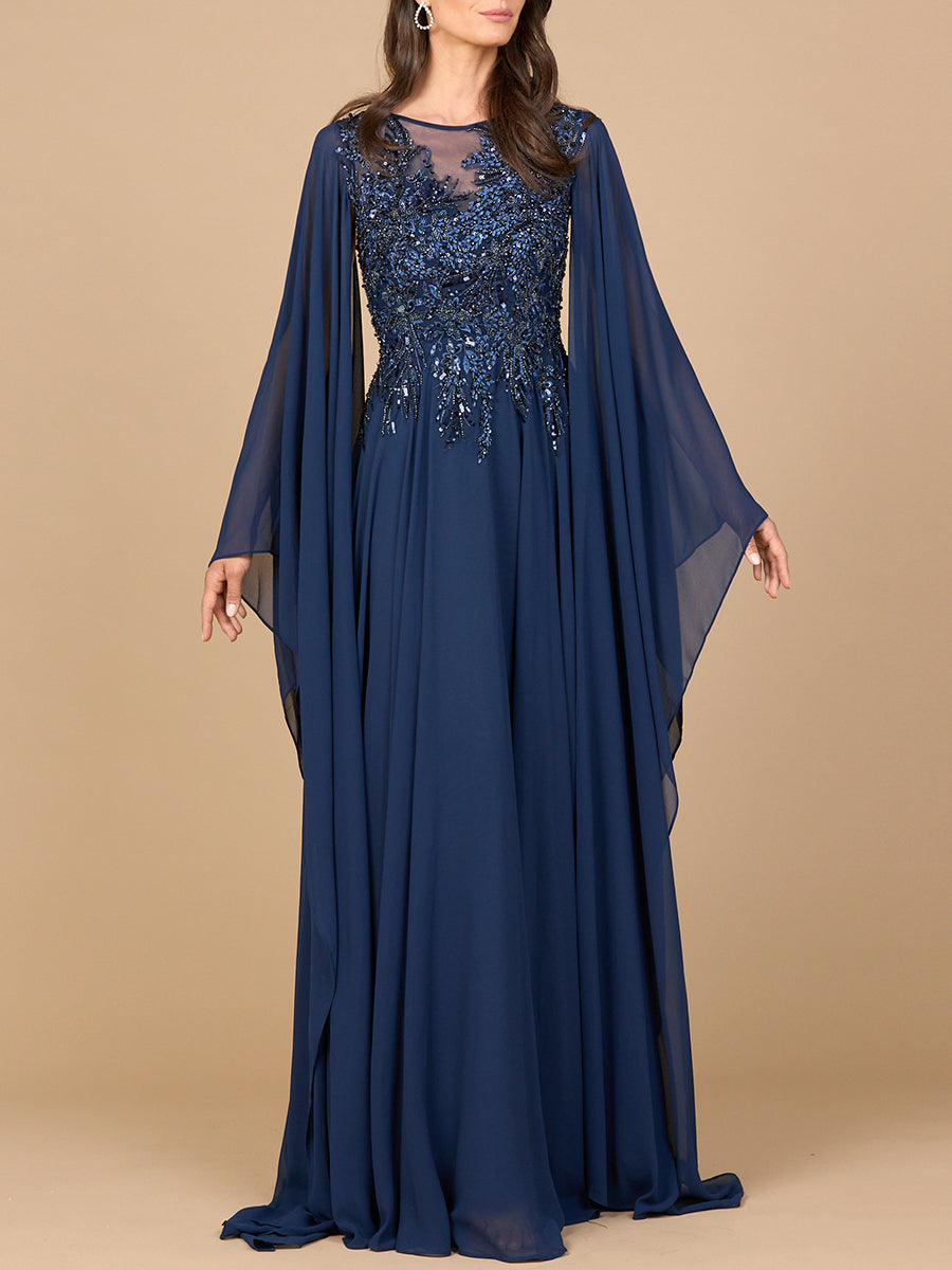 Chiffon A-line Long Gown with Cape Sleeves by Lara New York