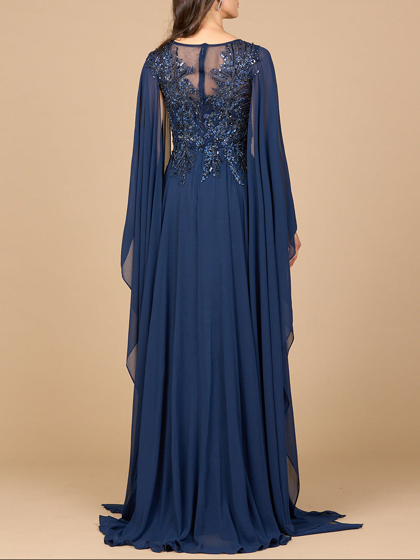 Chiffon A-line Long Gown with Cape Sleeves by Lara New York