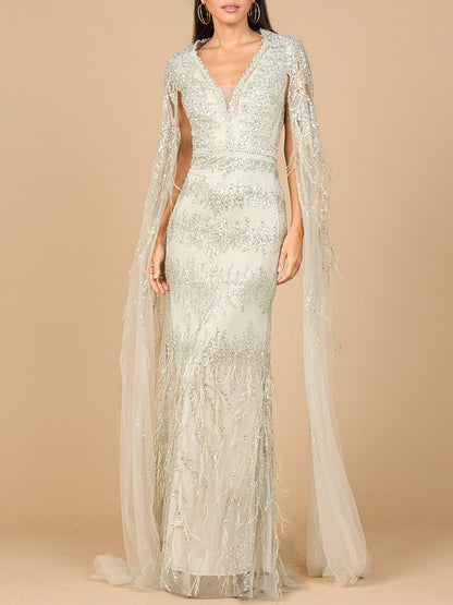 V-Neck Gown with Long Cape Sleeves and Feathers by Lara New York
