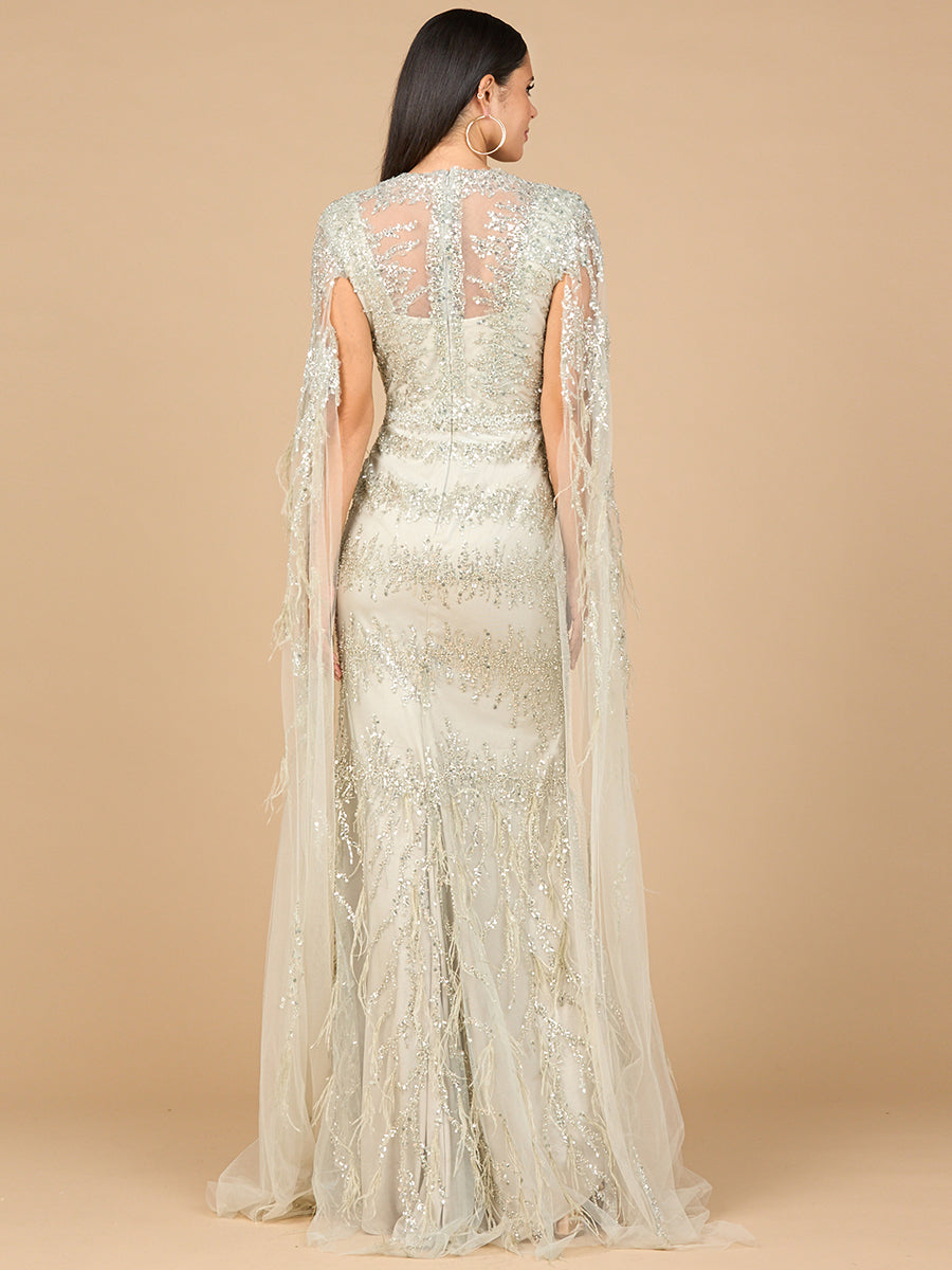 V-Neck Gown with Long Cape Sleeves and Feathers by Lara New York