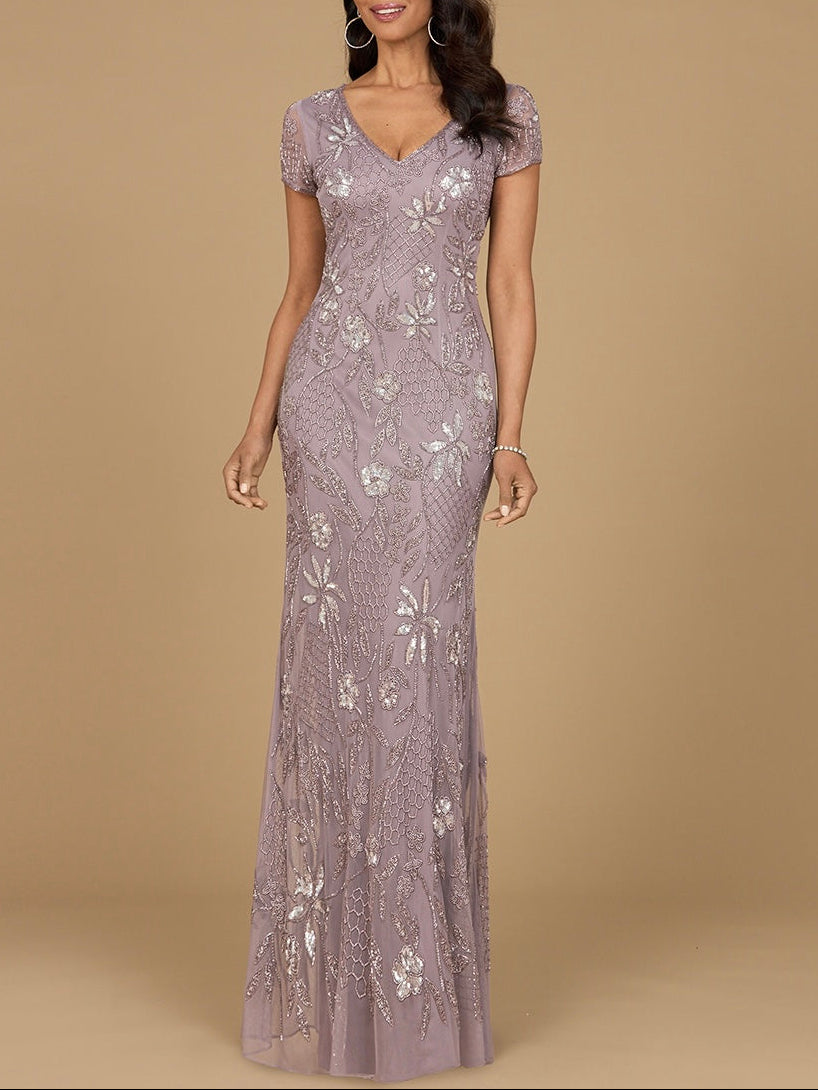 V-Neck, Short Sleeve Beaded Gown by Lara New York