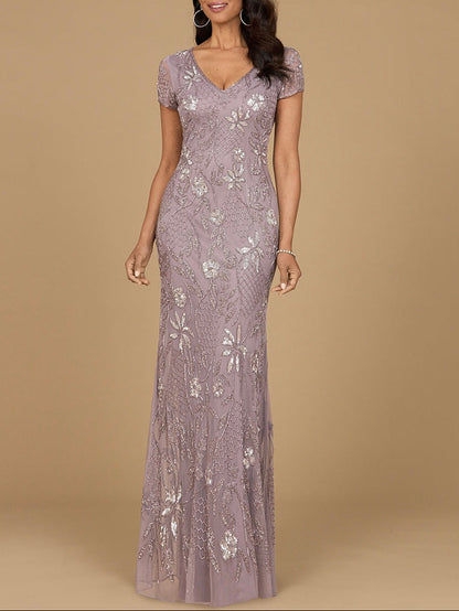 V-Neck, Short Sleeve Beaded Gown by Lara New York