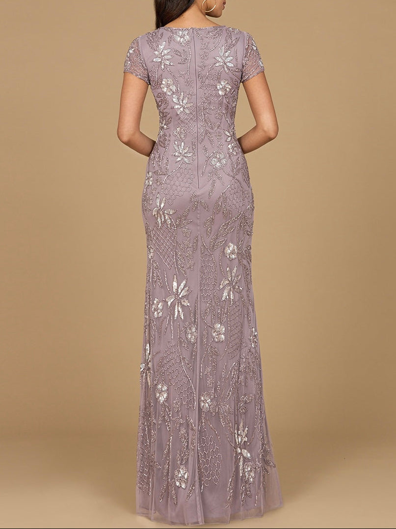 V-Neck, Short Sleeve Beaded Gown by Lara New York