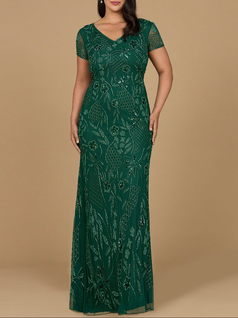V-Neck, Short Sleeve Beaded Gown by Lara New York