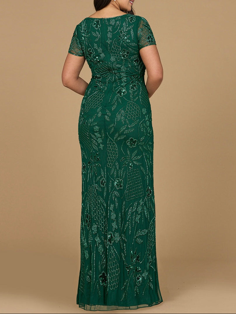 V-Neck, Short Sleeve Beaded Gown by Lara New York