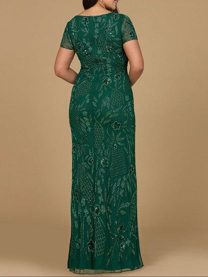 V-Neck, Short Sleeve Beaded Gown by Lara New York