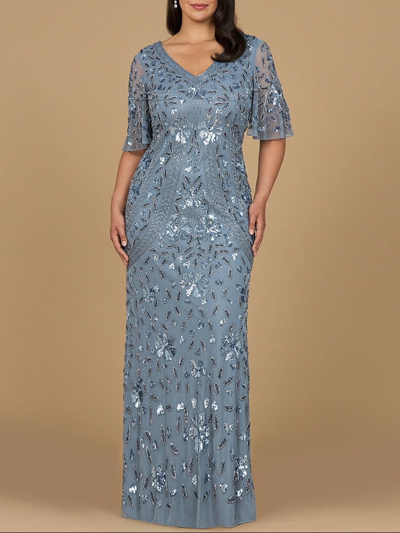 V-Neck, Cape Sleeve Beaded Gown by Lara New York