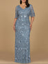 V-Neck, Cape Sleeve Beaded Gown by Lara New York