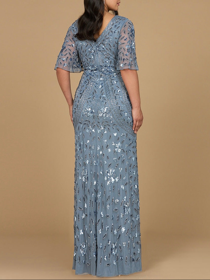 V-Neck, Cape Sleeve Beaded Gown by Lara New York