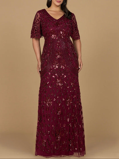 V-Neck, Cape Sleeve Beaded Gown by Lara New York