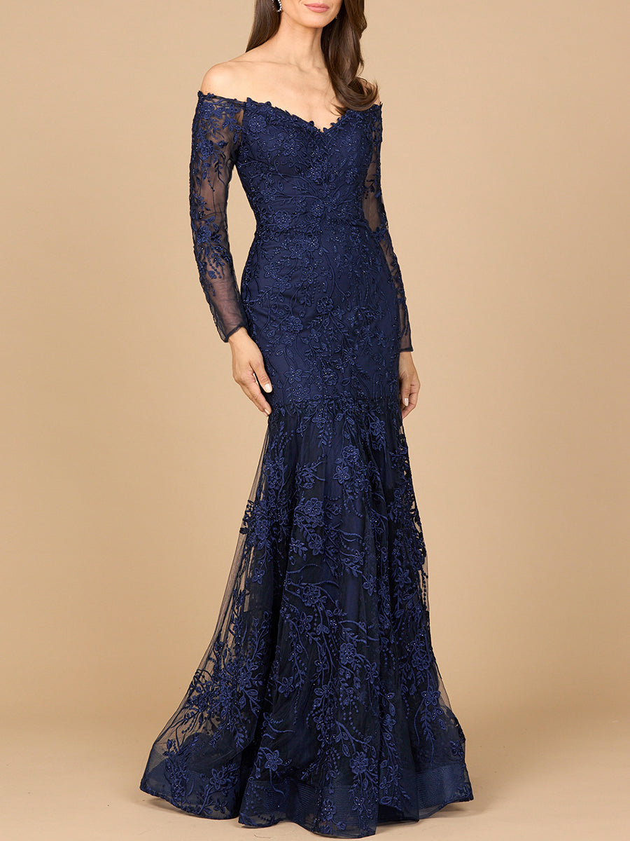 Off Shoulder Long Sleeve Mermaid Gown by Lara New York