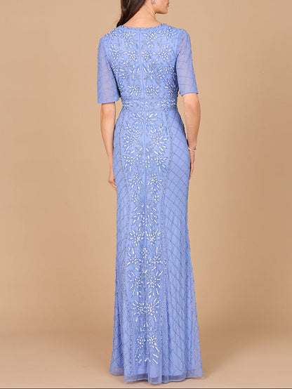 V-Neck, Cape Sleeve Beaded Gown with Belt by Lara New York