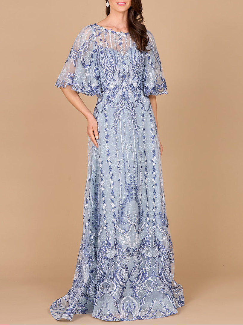 Embroidered, Cape Sleeve A-line Gown by Lara New York