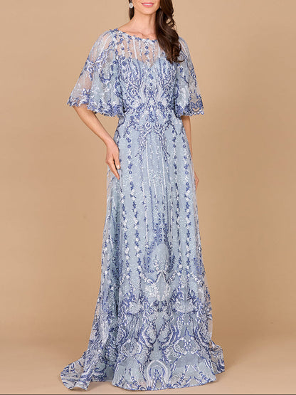 Embroidered, Cape Sleeve A-line Gown by Lara New York
