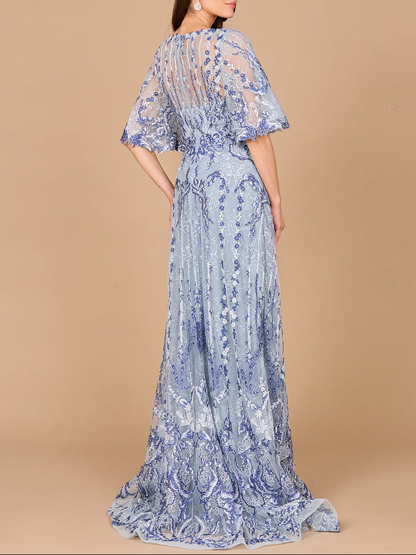 Embroidered, Cape Sleeve A-line Gown by Lara New York